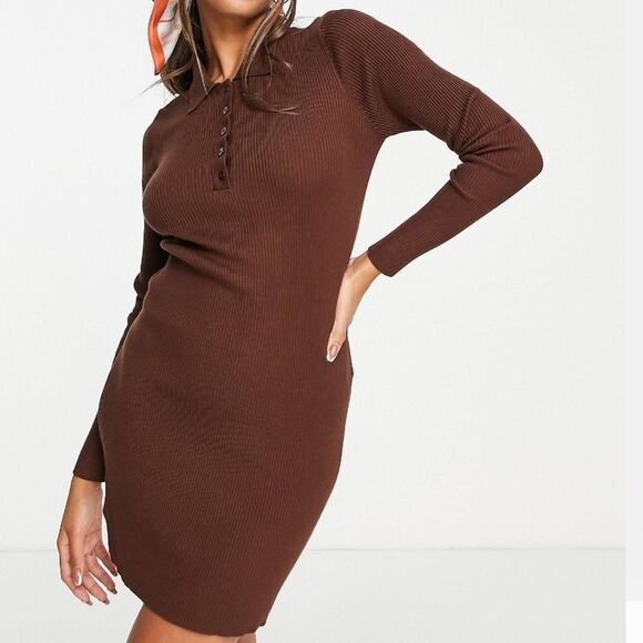 Stradivarius Knitted Ribbed Polo Mini Dress - Picture 2 of 4